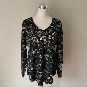 Wild Palms Trailing Vine V Neck Black Twill Top Size M